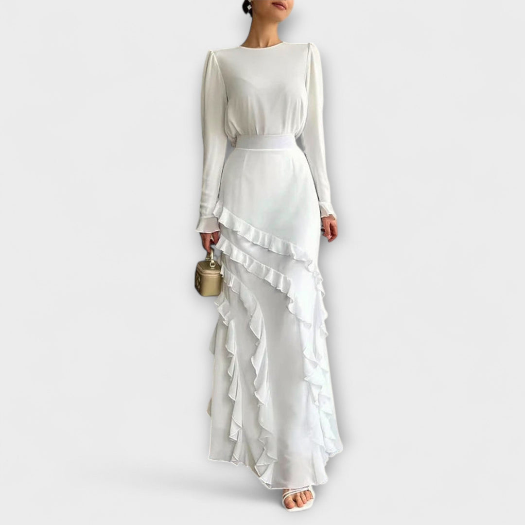 Fallon - Vestido largo negro con volantes en 3D