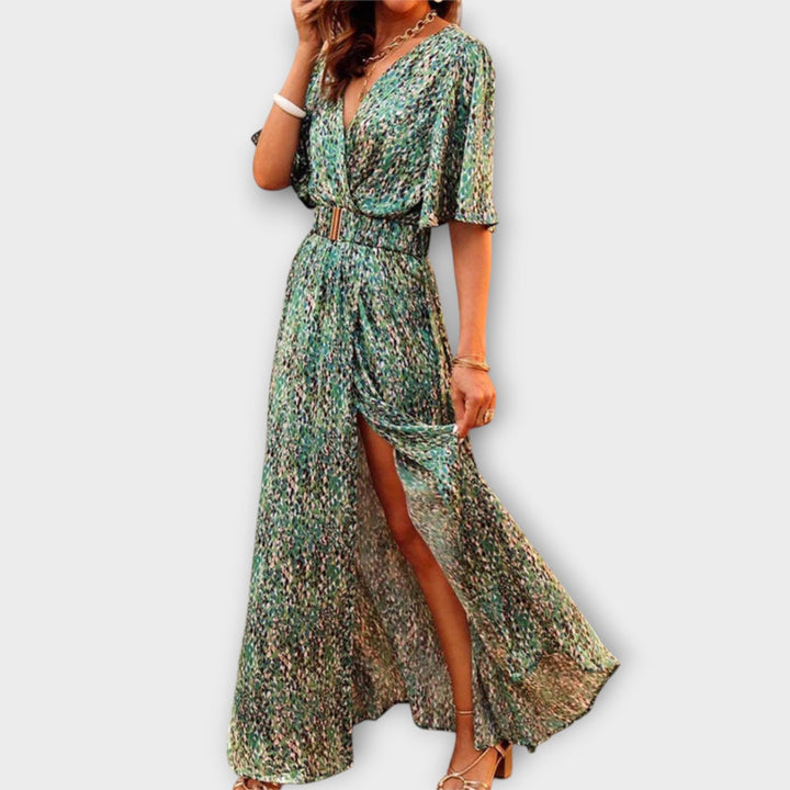 Sabine - Vestido maxi envolvente verde con estampado