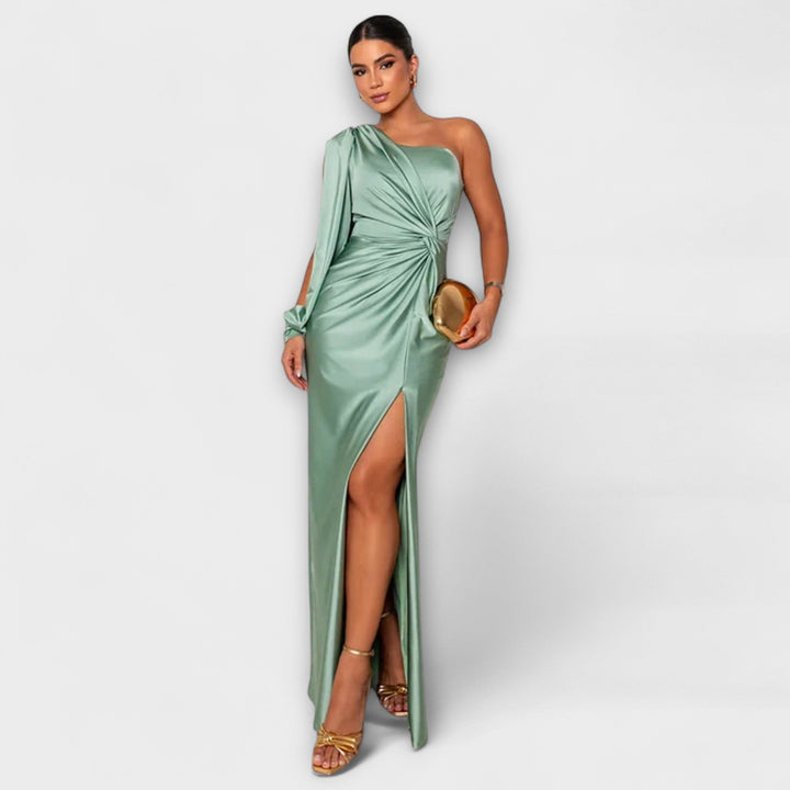 Elisa - Vestido de un solo hombro en color petróleo con fruncidos