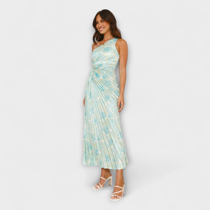 Sienna - Vestido maxí azul con cut-out y estampado de acuarela