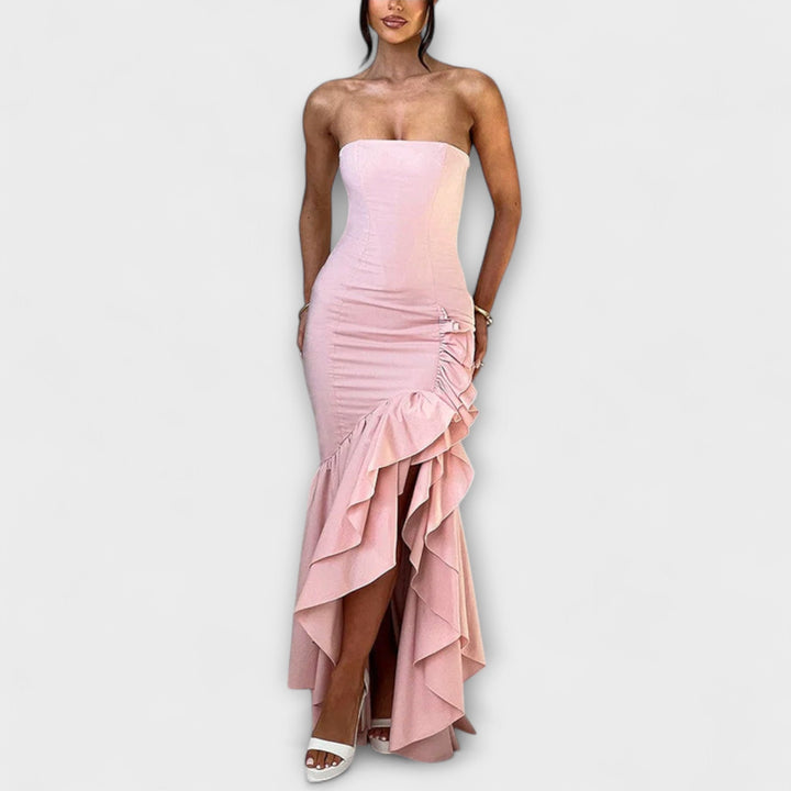 Zuri - Vestido maxí rosa off-shoulder con volantes