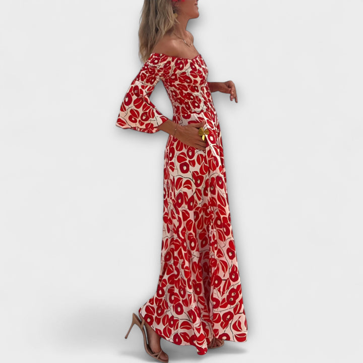 Bella - Vestido rojo sin mangas con estampado floral
