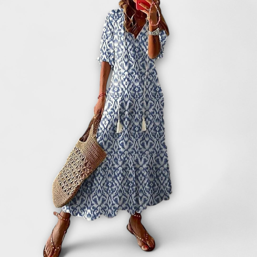 Anna - Vestido boho de verano en color crema con estampado de flores
