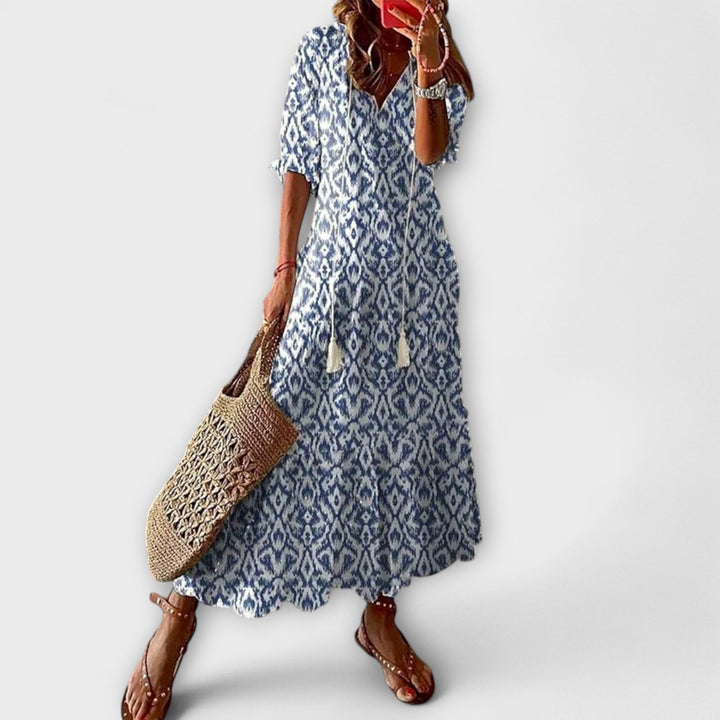 Anna - Vestido boho de verano en color crema con estampado de flores