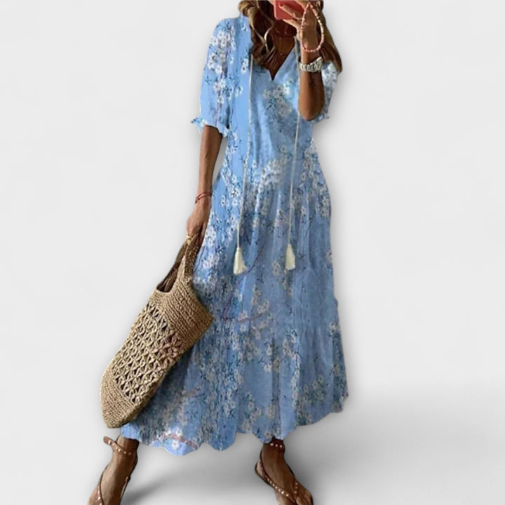 Anna - Vestido boho de verano en color crema con estampado de flores