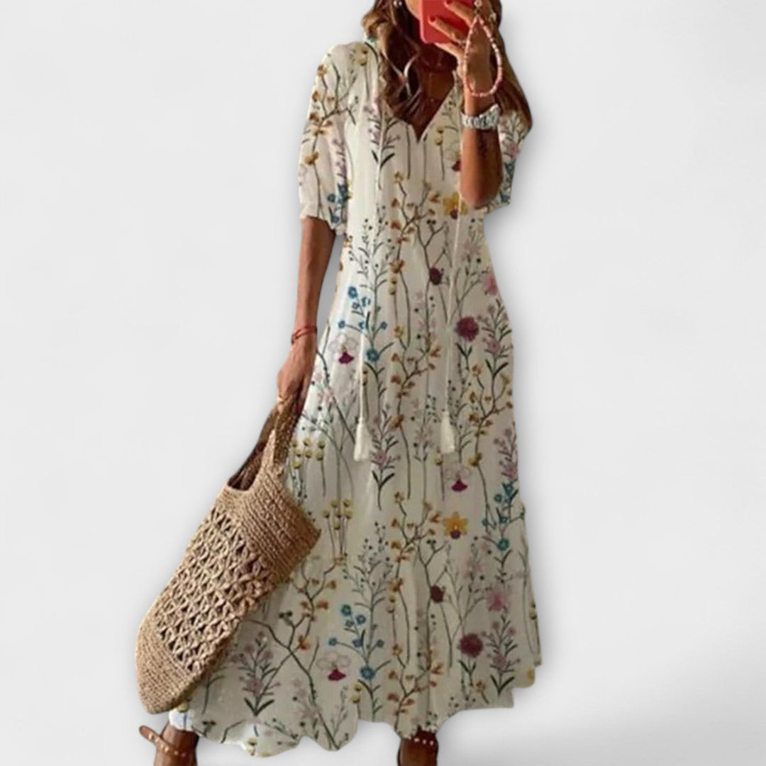 Anna - Vestido boho de verano en color crema con estampado de flores