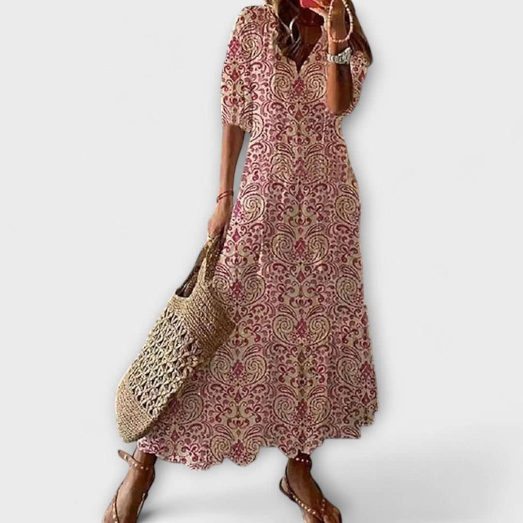Anna - Vestido boho de verano en color crema con estampado de flores