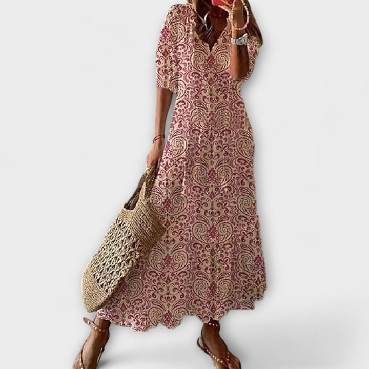 Anna - Vestido boho de verano en color crema con estampado de flores