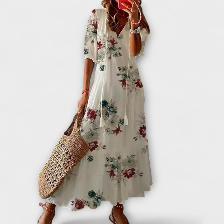 Anna - Vestido boho de verano en color crema con estampado de flores