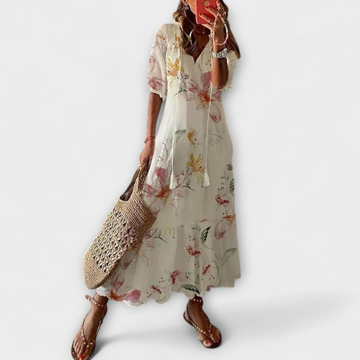 Anna - Vestido boho de verano en color crema con estampado de flores