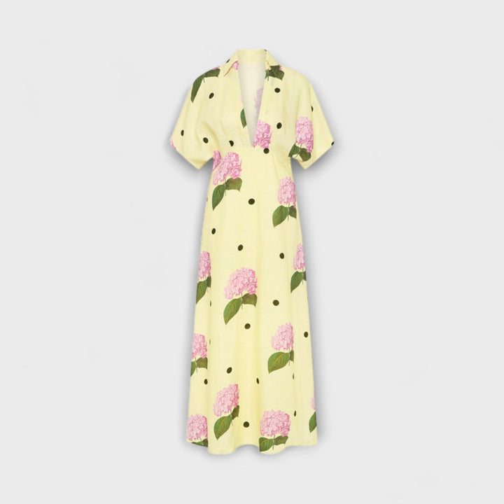 Liselotte - Vestido largo amarillo claro con estampado de hortensias