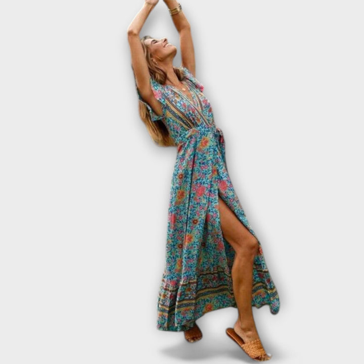 Shylin - Vestido maxi boho colorido con estampado de flores