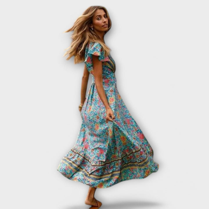 Shylin - Vestido maxi boho colorido con estampado de flores