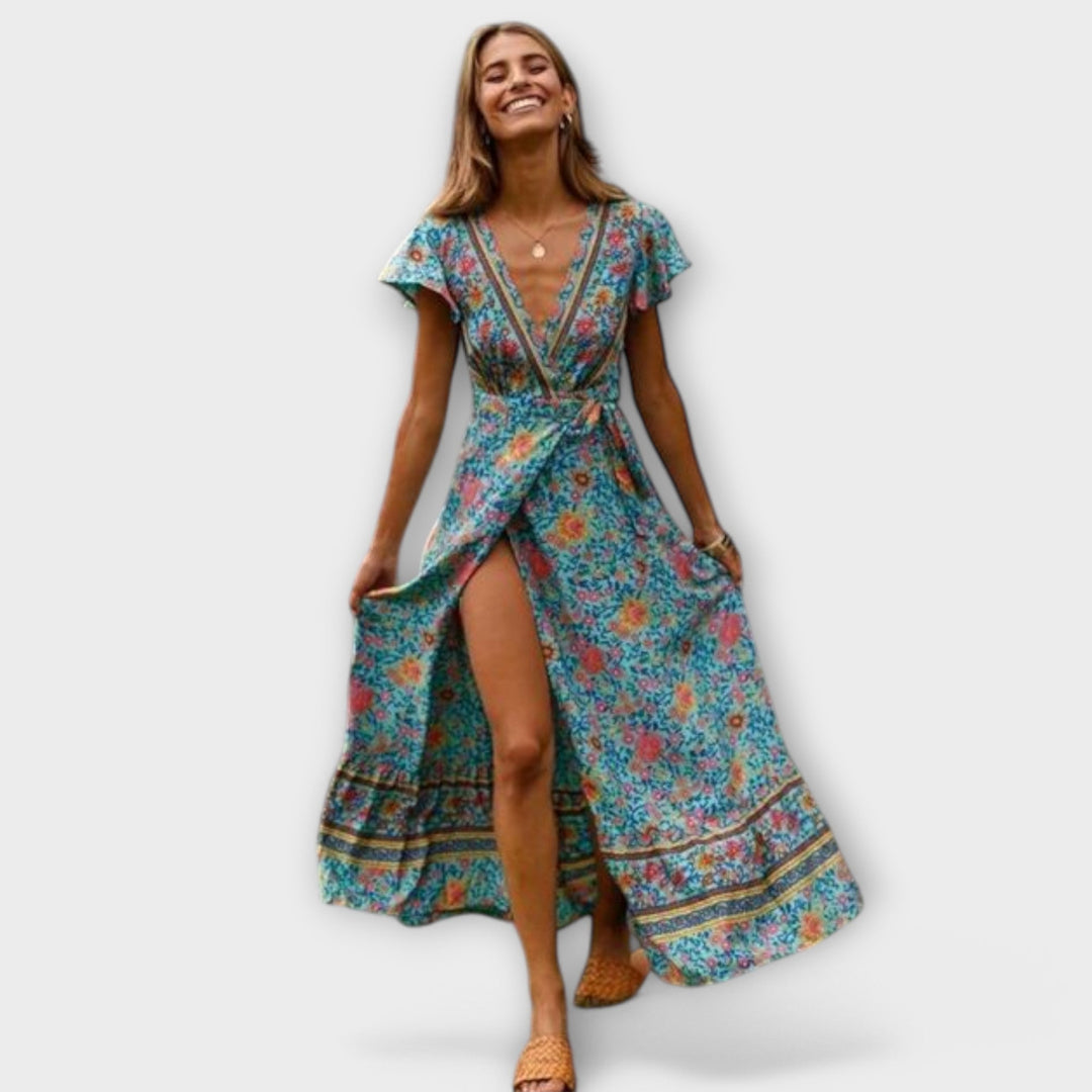 Shylin - Vestido maxi boho colorido con estampado de flores
