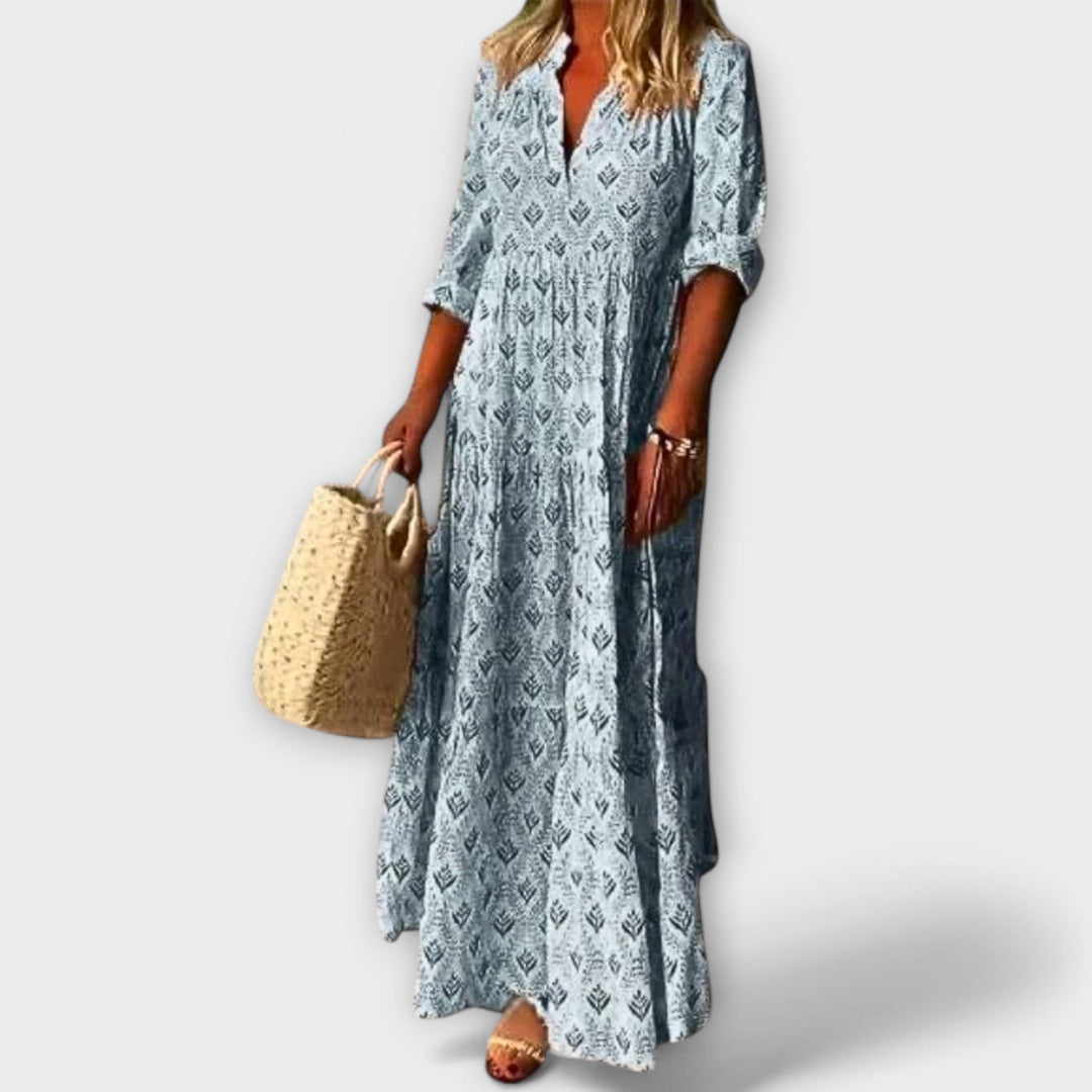Sera - Vestido maxi de primavera en color crema con estampado