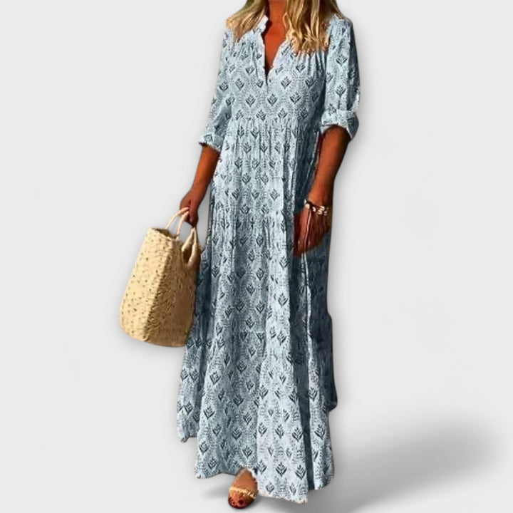 Sera - Vestido maxi de primavera en color crema con estampado