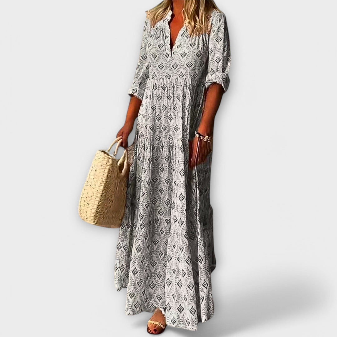 Sera - Vestido maxi de primavera en color crema con estampado
