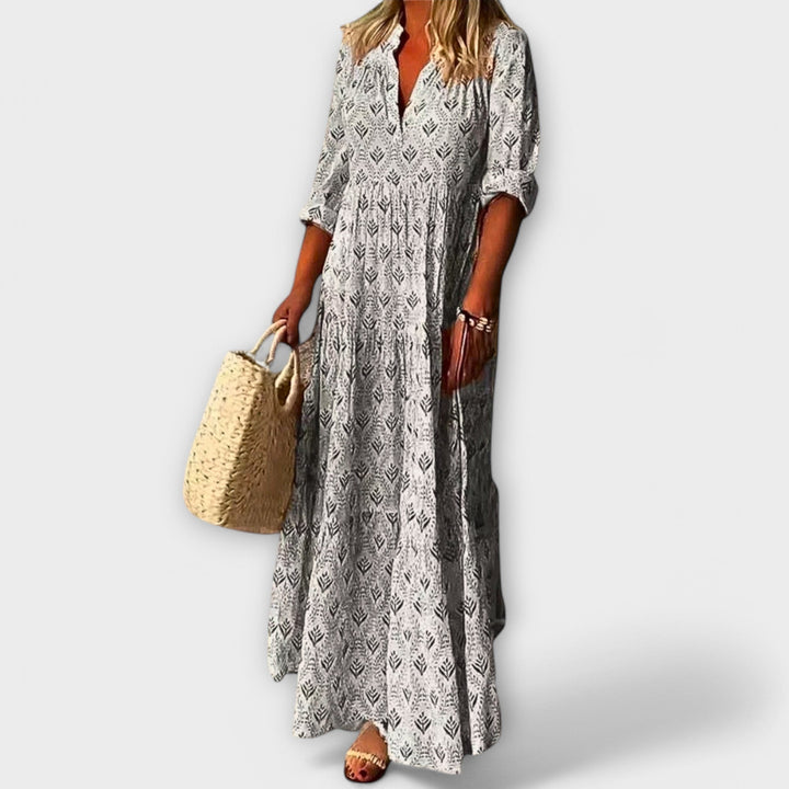 Sera - Vestido maxi de primavera en color crema con estampado