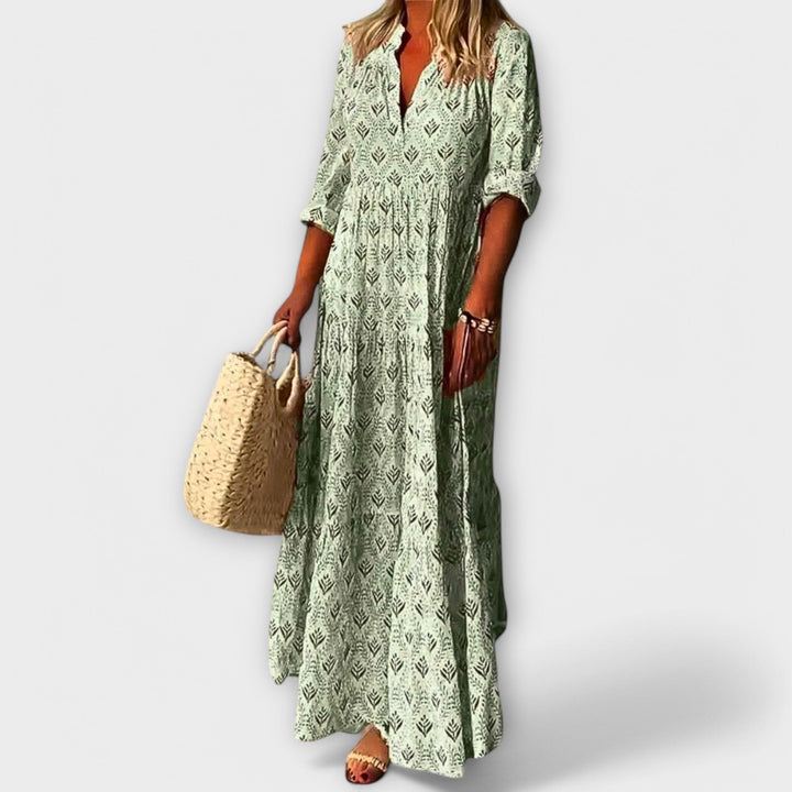 Sera - Vestido maxi de primavera en color crema con estampado