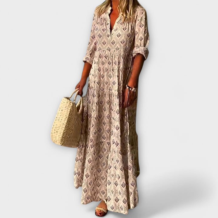 Sera - Vestido maxi de primavera en color crema con estampado