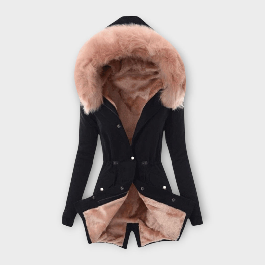 Maura - Chaqueta de invierno suave en verde oliva con capucha de pelo