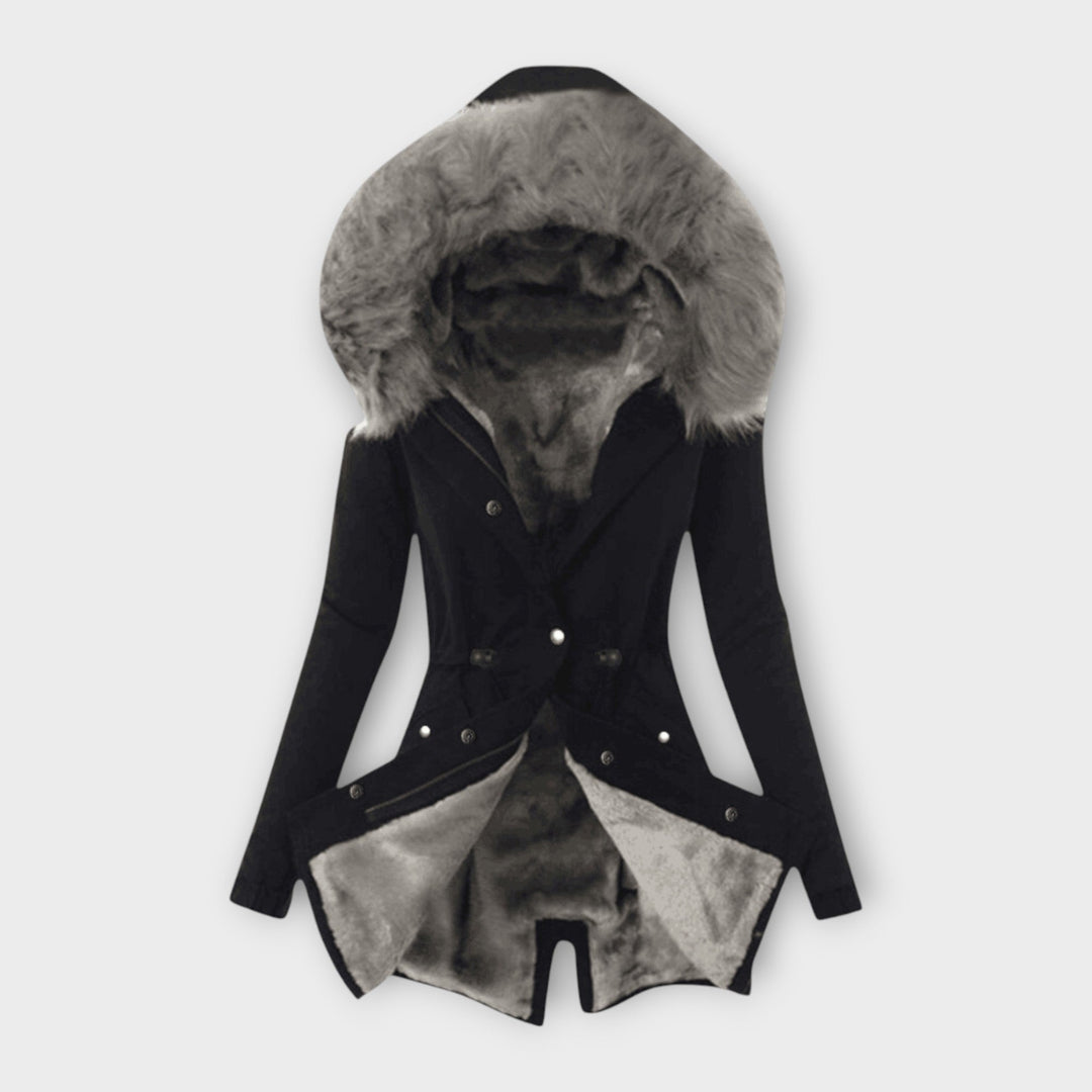 Maura - Chaqueta de invierno suave en verde oliva con capucha de pelo