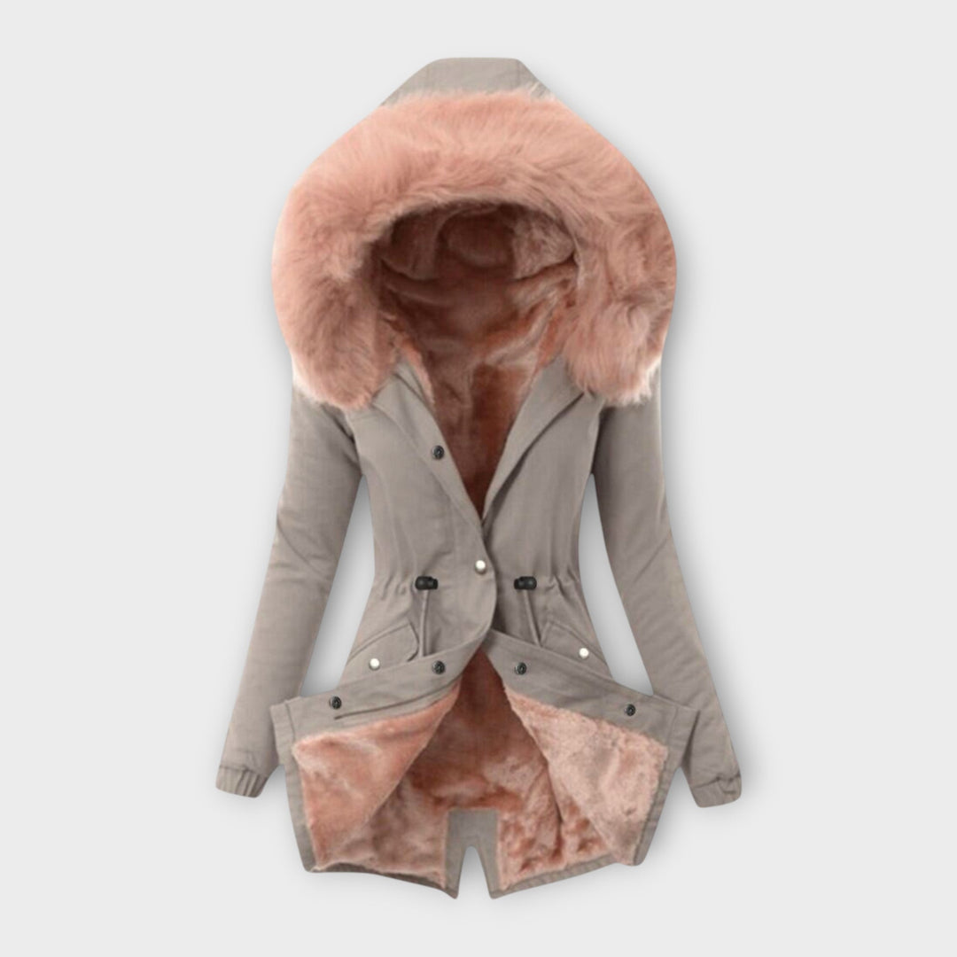 Maura - Chaqueta de invierno suave en verde oliva con capucha de pelo