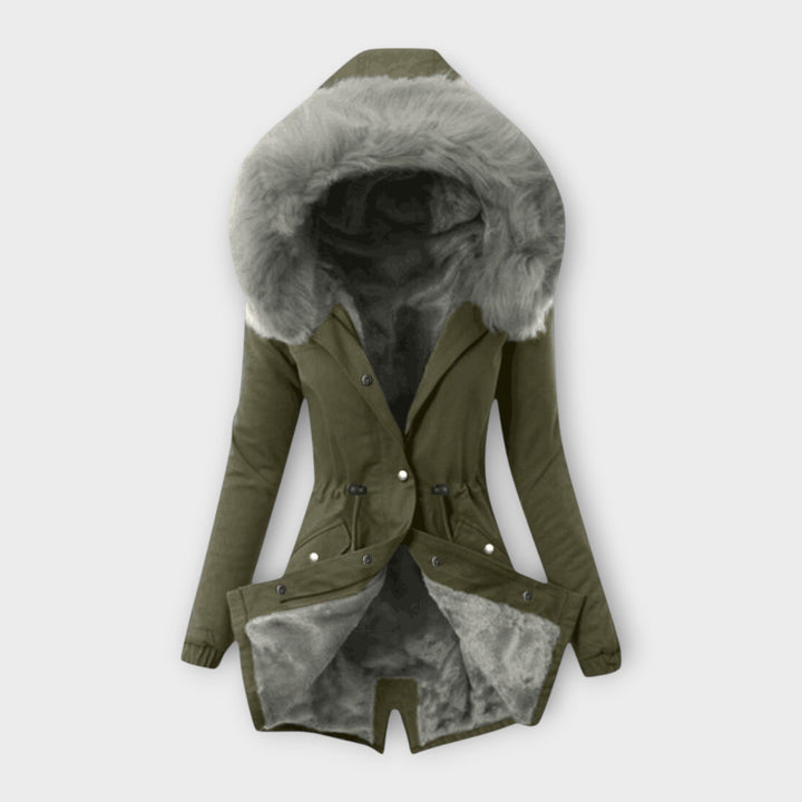 Maura - Chaqueta de invierno suave en verde oliva con capucha de pelo