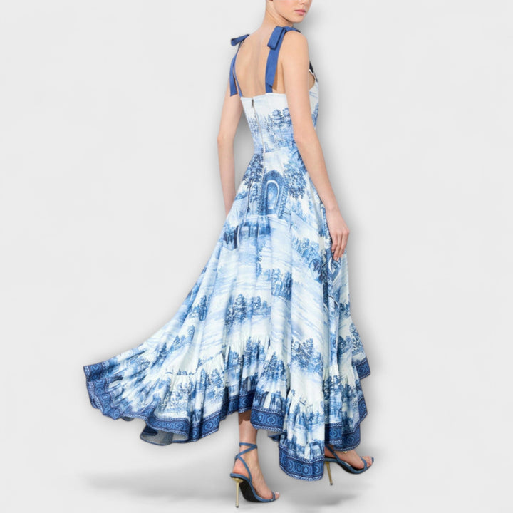 Lucia - Vestido maxi azul y blanco con diseño Tie-Dye