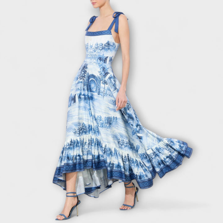 Lucia - Vestido maxi azul y blanco con diseño Tie-Dye