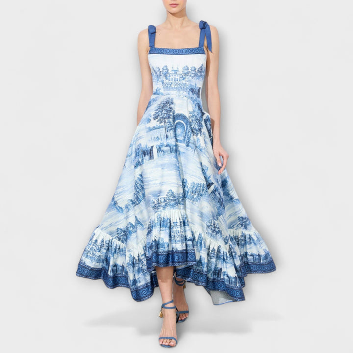 Lucia - Vestido maxi azul y blanco con diseño Tie-Dye