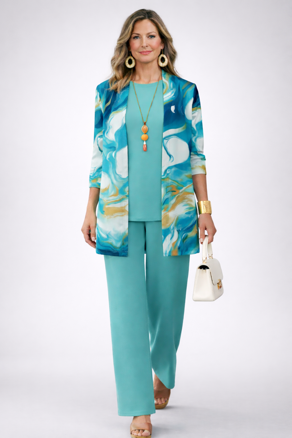 Verano - Conjunto de tres piezas con cárdigan estampado turquesa