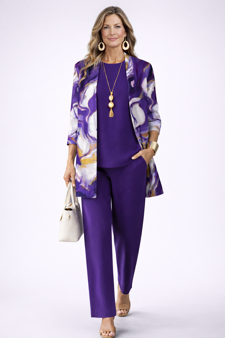 Sauce - Conjunto de tres piezas en morado con cárdigan estampado