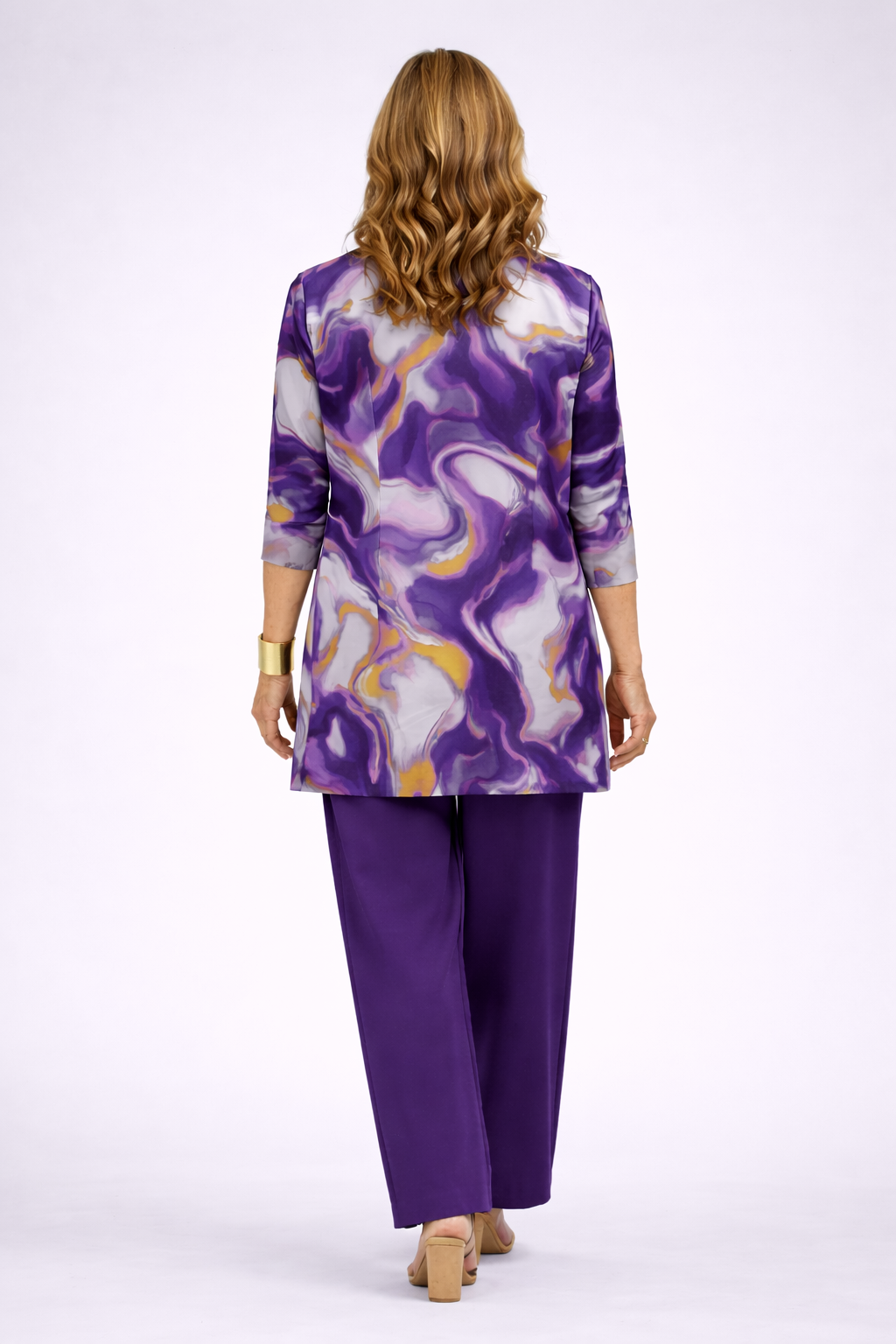 Sauce - Conjunto de tres piezas en morado con cárdigan estampado