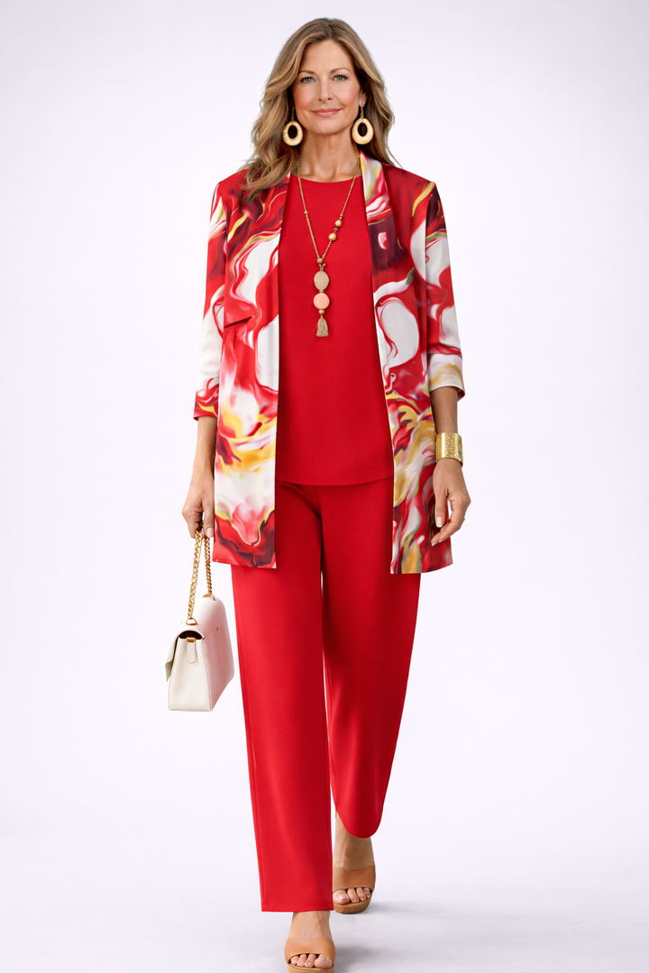 Poppy - Conjunto de tres piezas con cárdigan estampado rojo