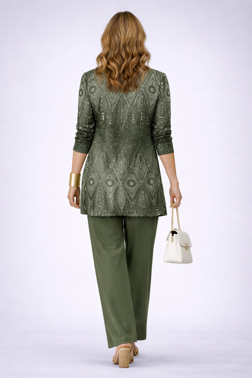 Ella - Conjunto de tres piezas con cárdigan estampado verde
