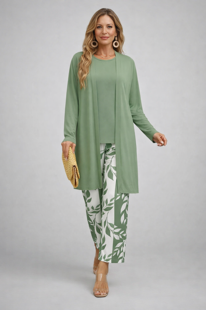 Sienna - Conjunto de tres piezas con cárdigan estampado verde