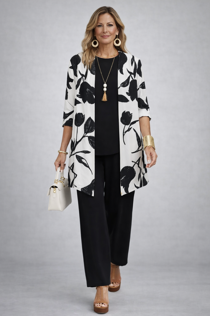 Mia - Conjunto de tres piezas en blanco y negro con cárdigan