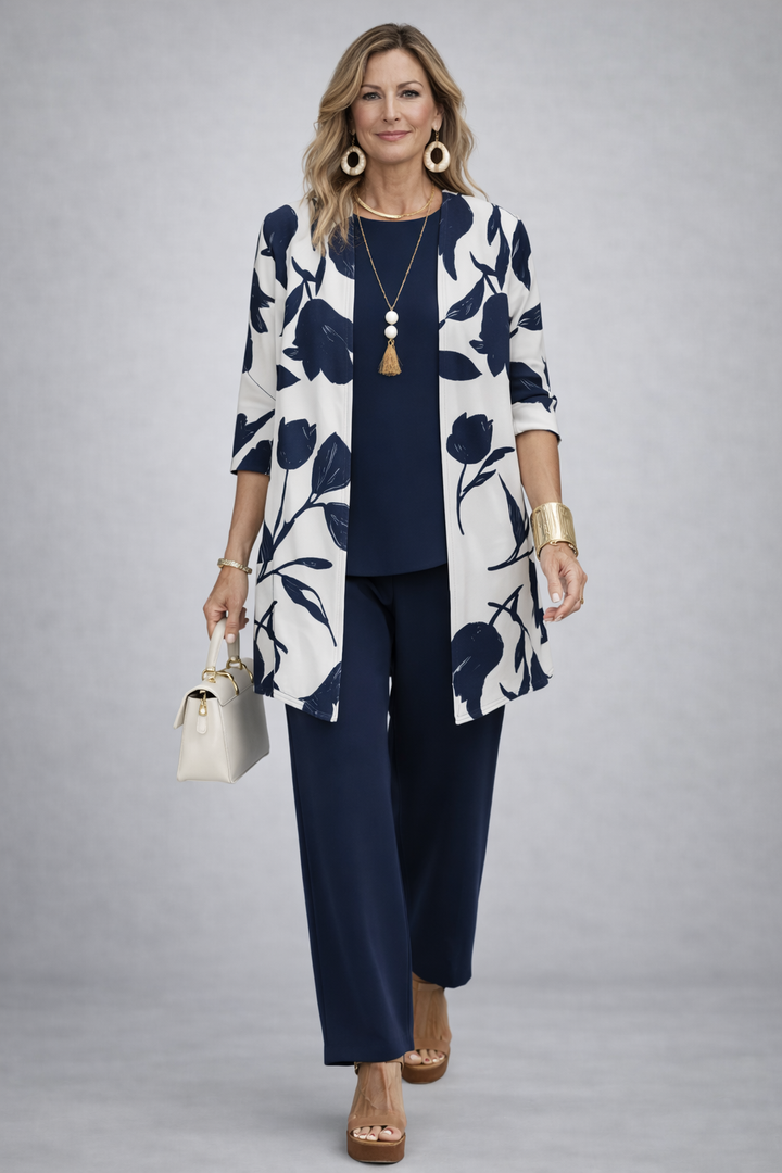 Abigail - Conjunto de tres piezas con estampado azul y blanco