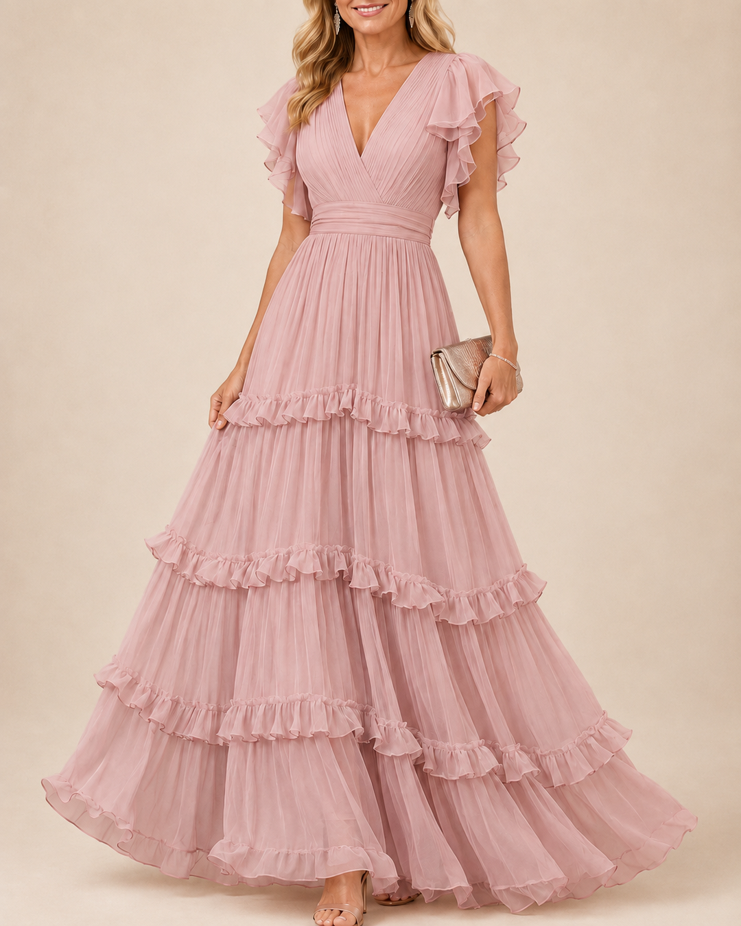 Rosalía - Vestido maxi rosa empolvado con escote en V
