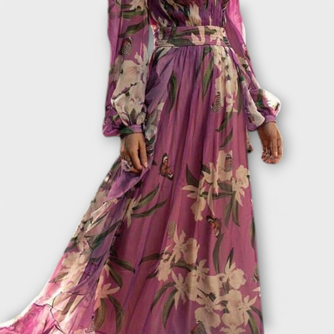 Vestido maxi lila de alta calidad con estampado de flores