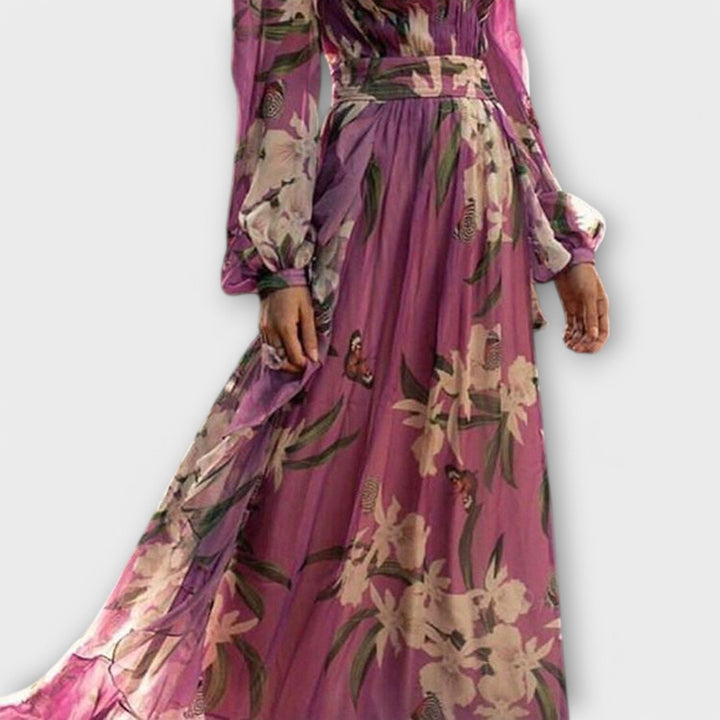 Vestido maxi lila de alta calidad con estampado de flores