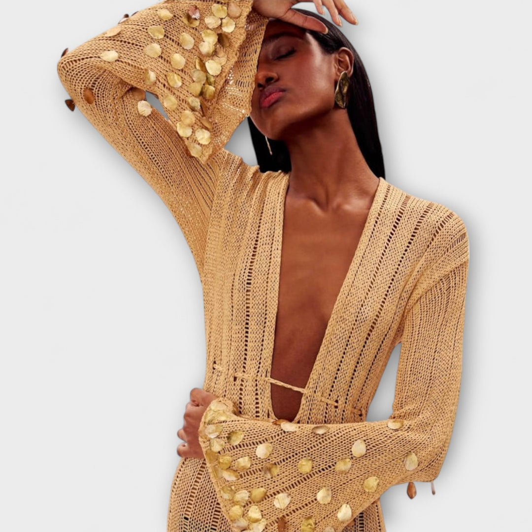Nova - Vestido maxí de punto dorado con lentejuelas