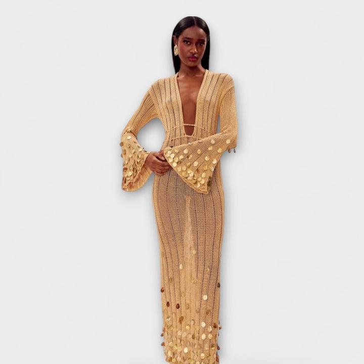 Nova - Vestido maxí de punto dorado con lentejuelas