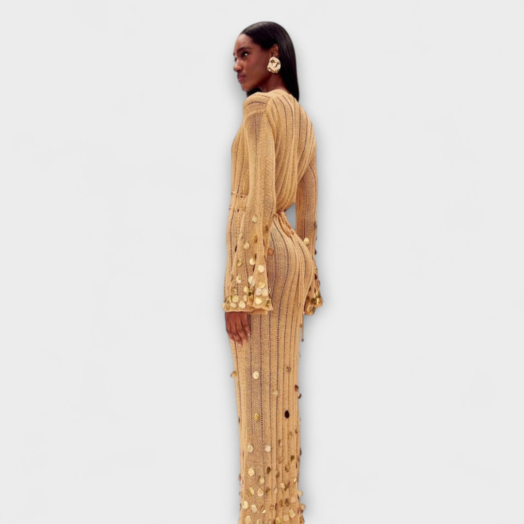 Nova - Vestido maxí de punto dorado con lentejuelas