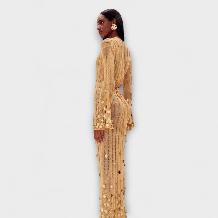 Nova - Vestido maxí de punto dorado con lentejuelas