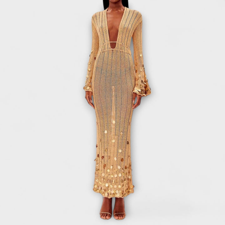 Nova - Vestido maxí de punto dorado con lentejuelas