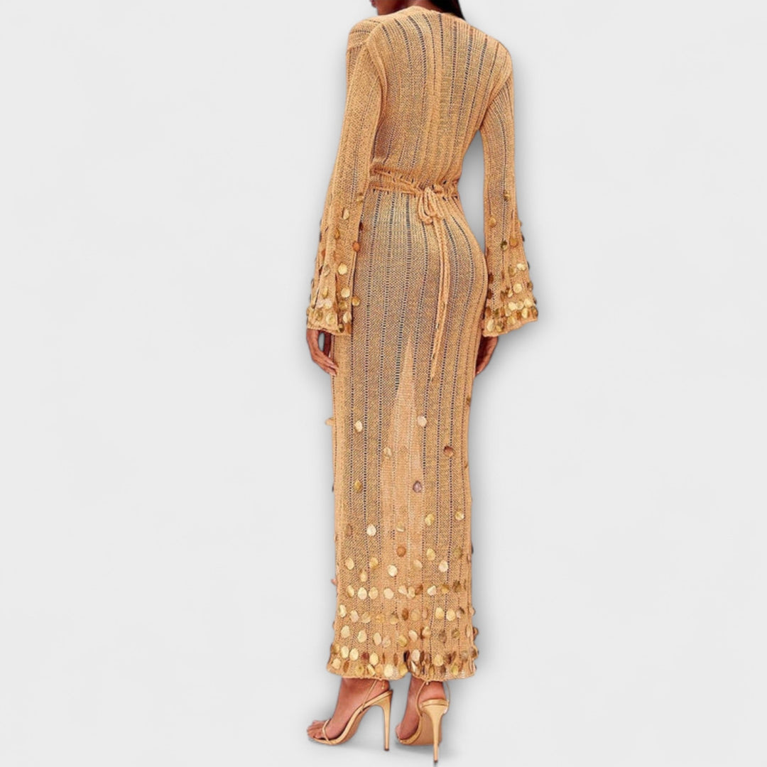 Nova - Vestido maxí de punto dorado con lentejuelas