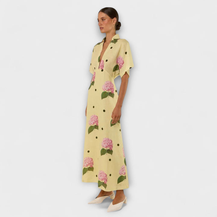Liselotte - Vestido largo amarillo claro con estampado de hortensias