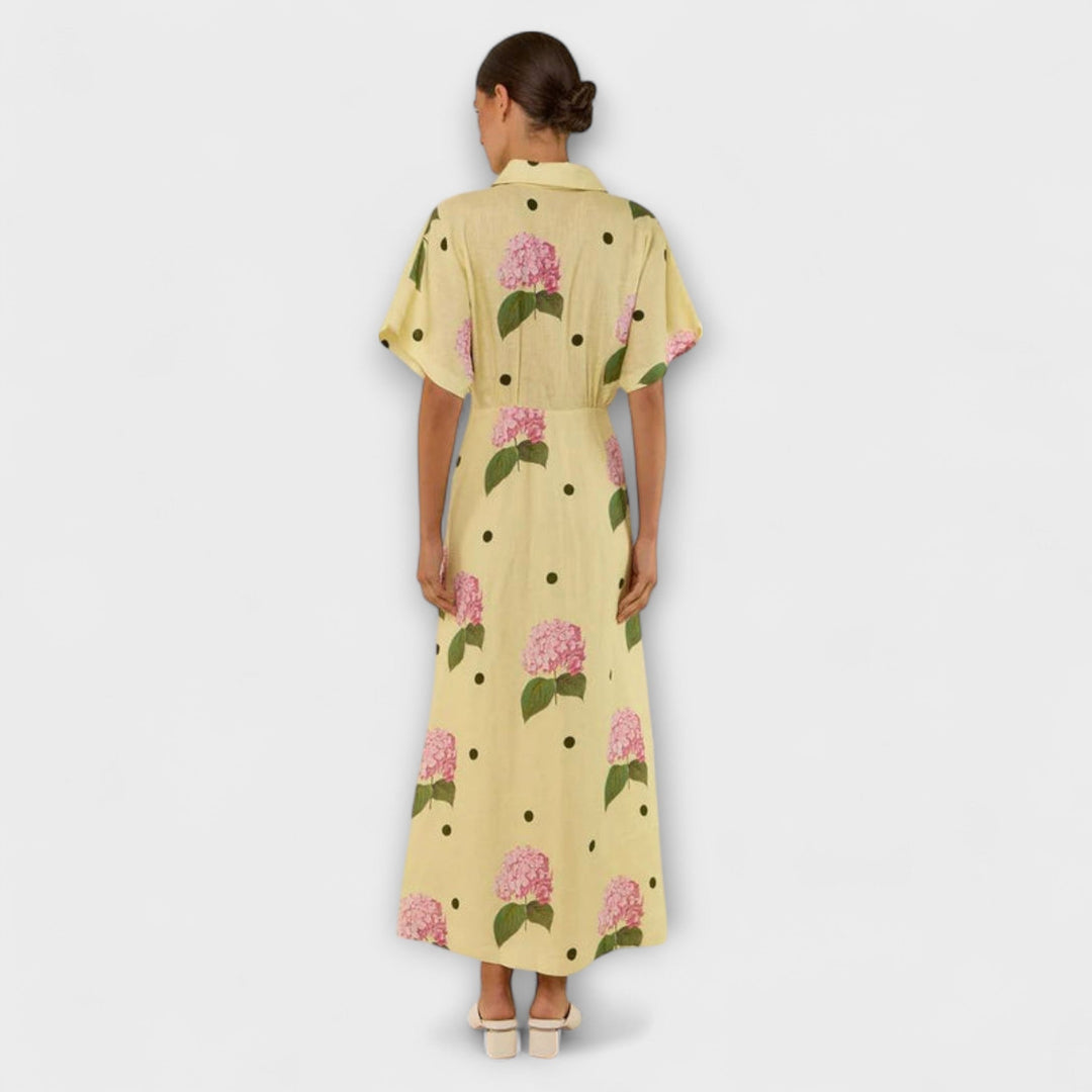 Liselotte - Vestido largo amarillo claro con estampado de hortensias